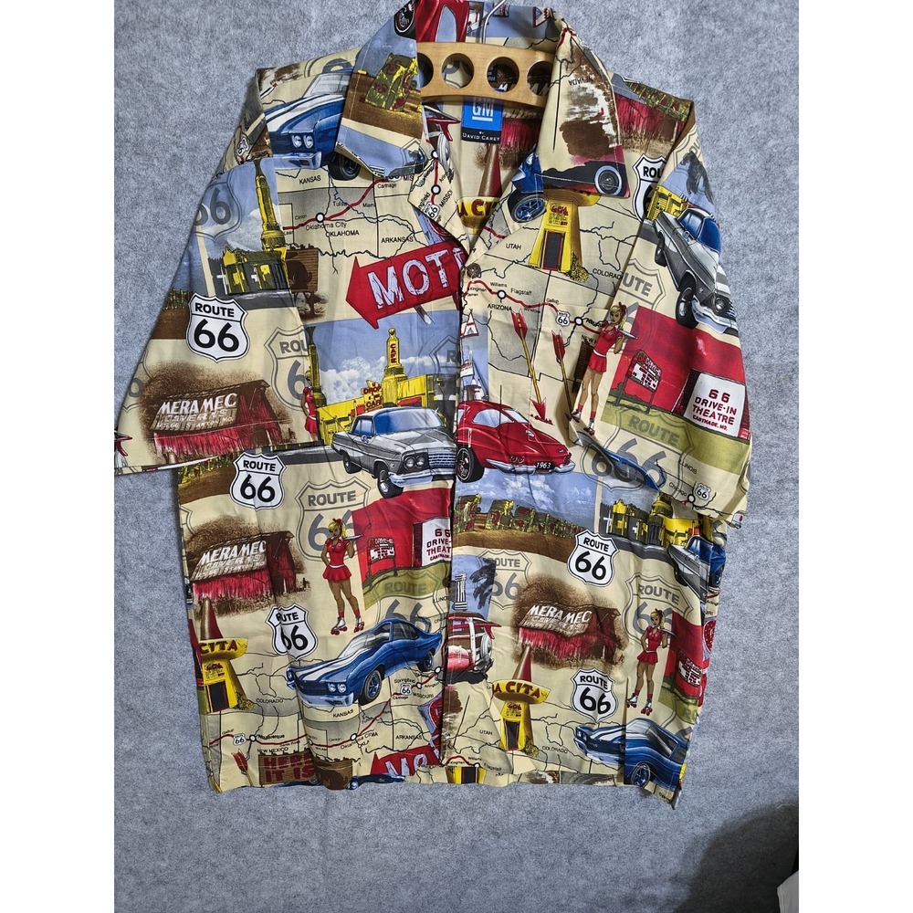 David Carey GM Route 66 Hawaiian Shirt Mens XL 44" Short Sleeve Tropical Cars